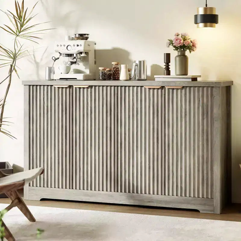 4 Doors Accent Sideboard Buffet, Fluted Modern Credenza with Doors & Shelves, Wood Storage Console, for Living Room, Entryway, Hallway