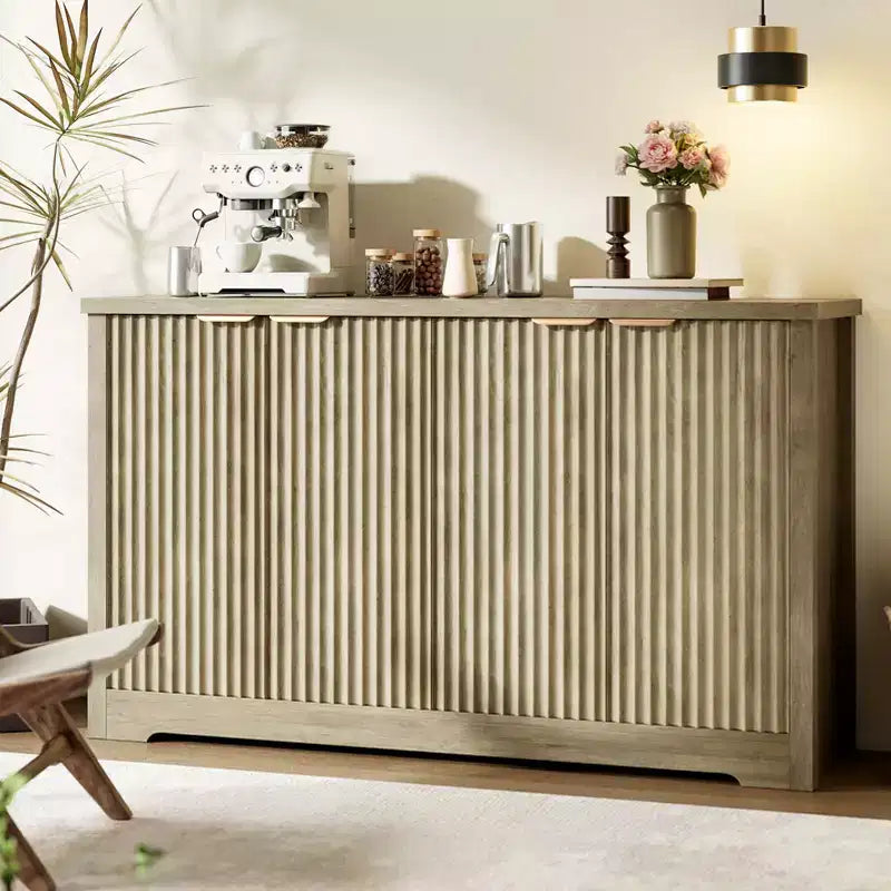 Buffet 4 portes Accent, crédence moderne cannelée avec portes et étagères, console de rangement en bois, pour salon, entrée, couloir