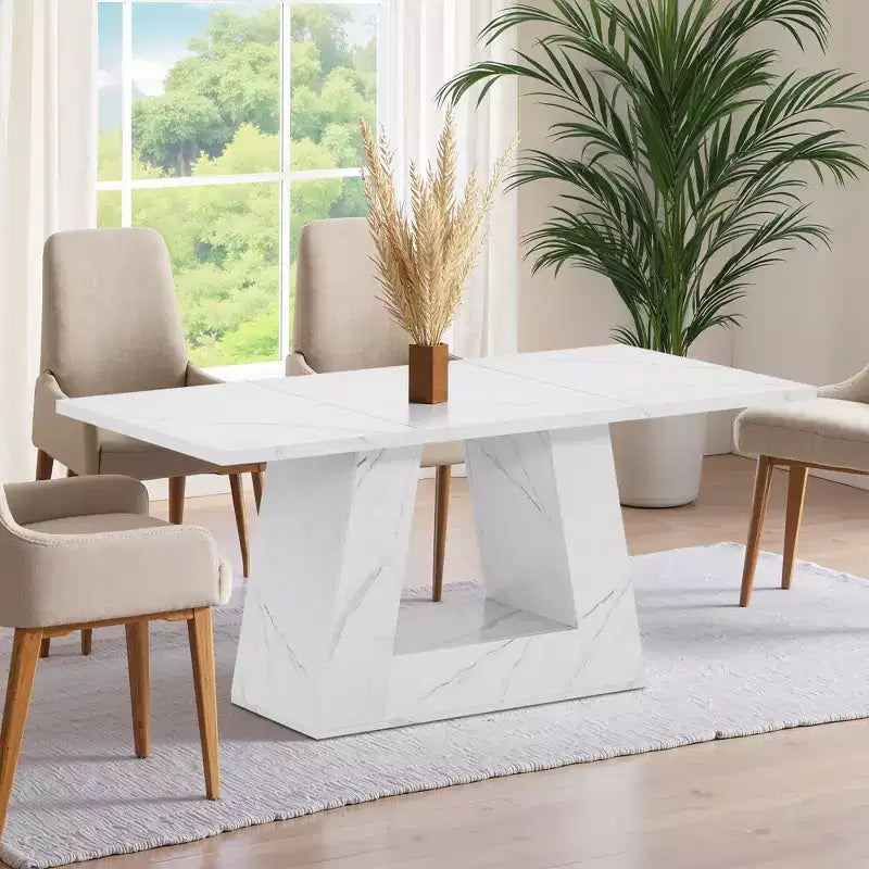 MAYEERTY 63 Inch Faux Marble Dining Table, 4-6 Seater Modern Table with Trapezoidal Legs for Dining Room