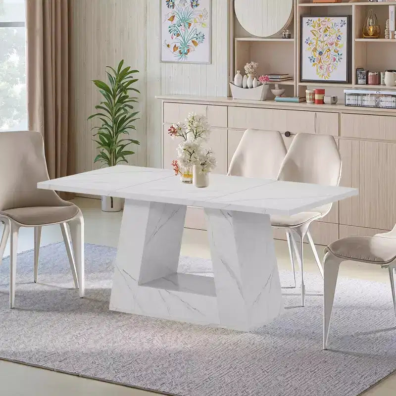 Table à manger de 160 cm en faux marbre, table moderne 4-6 places avec pieds trapézoïdaux pour salle à manger