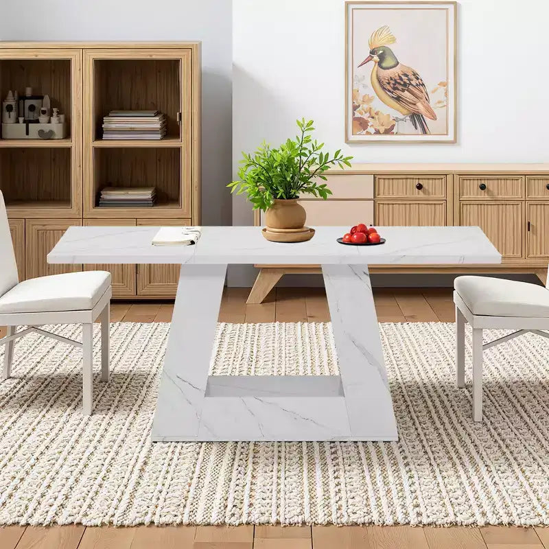 Table à manger de 160 cm en faux marbre, table moderne 4-6 places avec pieds trapézoïdaux pour salle à manger