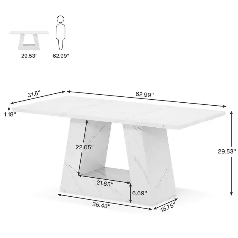 Table à manger de 160 cm en faux marbre, table moderne 4-6 places avec pieds trapézoïdaux pour salle à manger