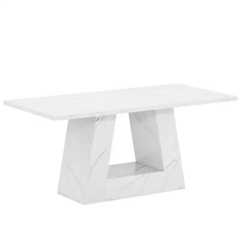 Table à manger de 160 cm en faux marbre, table moderne 4-6 places avec pieds trapézoïdaux pour salle à manger