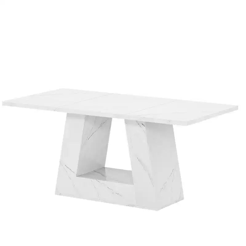 Table à manger de 160 cm en faux marbre, table moderne 4-6 places avec pieds trapézoïdaux pour salle à manger