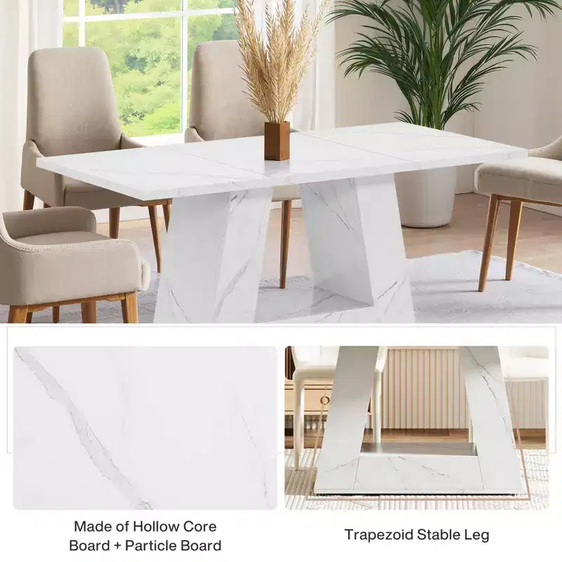 Table à manger de 160 cm en faux marbre, table moderne 4-6 places avec pieds trapézoïdaux pour salle à manger