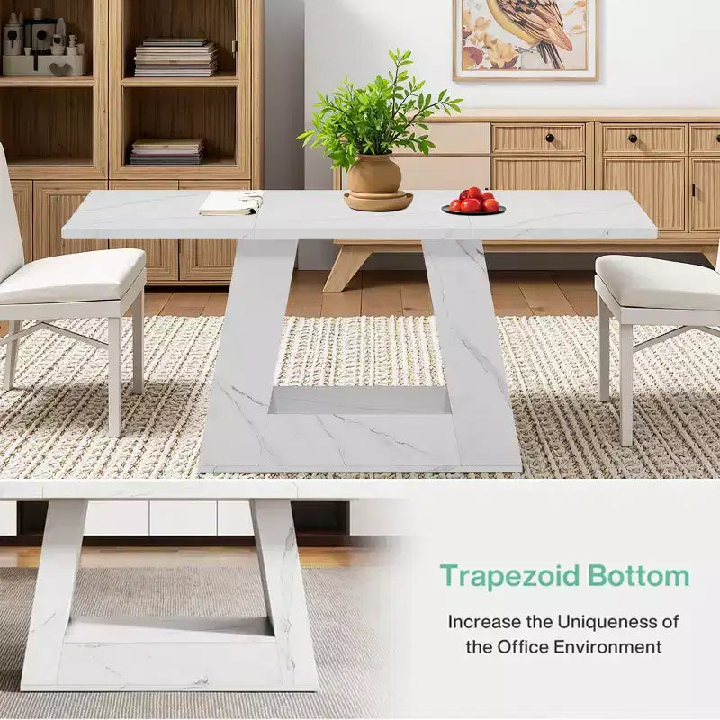Table à manger de 160 cm en faux marbre, table moderne 4-6 places avec pieds trapézoïdaux pour salle à manger