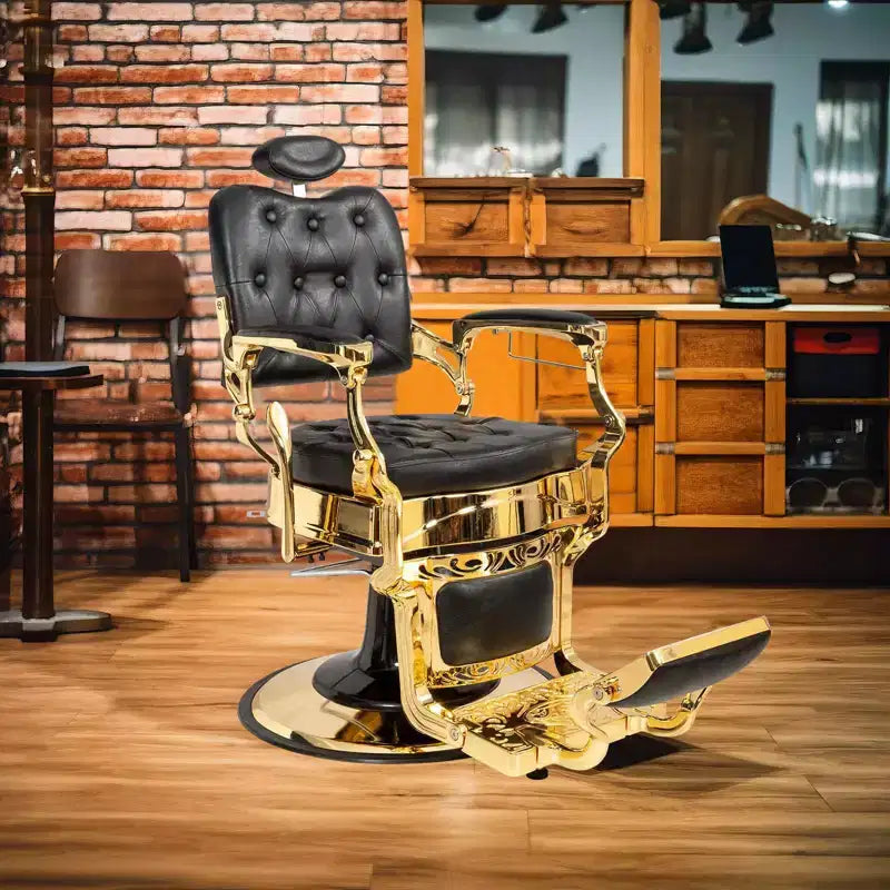 Fauteuil de barbier de style vintage avec dossier carré, inclinable hydrauliquement, structure noire et dorée