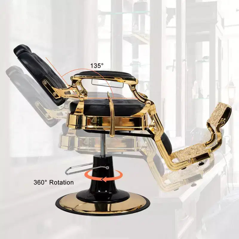 Fauteuil de barbier de style vintage avec dossier carré, inclinable hydrauliquement, structure noire et dorée