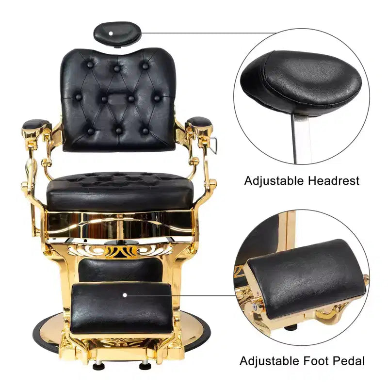 Fauteuil de barbier de style vintage avec dossier carré, inclinable hydrauliquement, structure noire et dorée