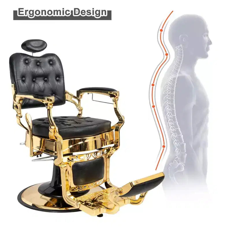 Fauteuil de barbier de style vintage avec dossier carré, inclinable hydrauliquement, structure noire et dorée