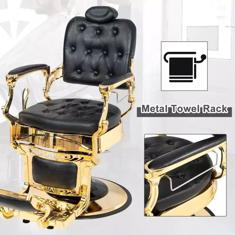 Fauteuil de barbier de style vintage avec dossier carré, inclinable hydrauliquement, structure noire et dorée