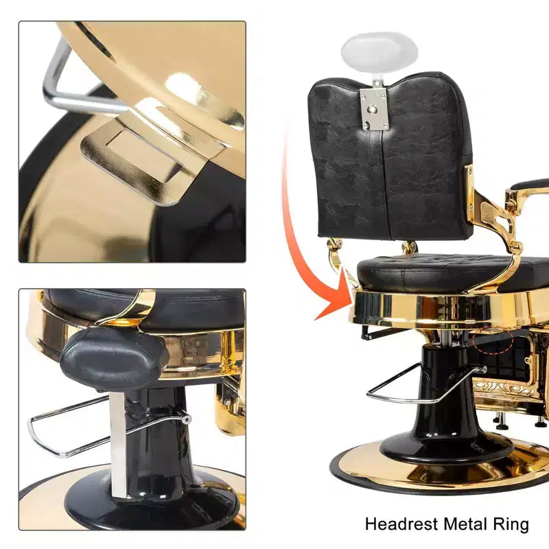Fauteuil de barbier de style vintage avec dossier carré, inclinable hydrauliquement, structure noire et dorée