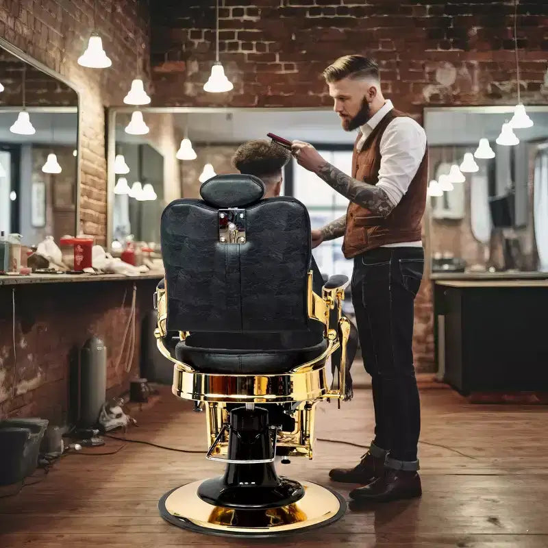 Fauteuil de barbier de style vintage avec dossier carré, inclinable hydrauliquement, structure noire et dorée
