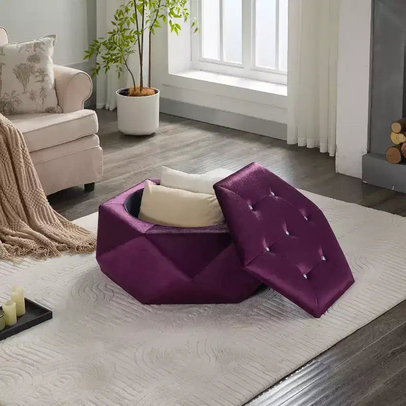 Pouf de rangement Florence en velours moderne matelassé à motif losanges