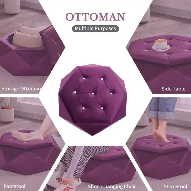 Pouf de rangement Florence en velours moderne matelassé à motif losanges
