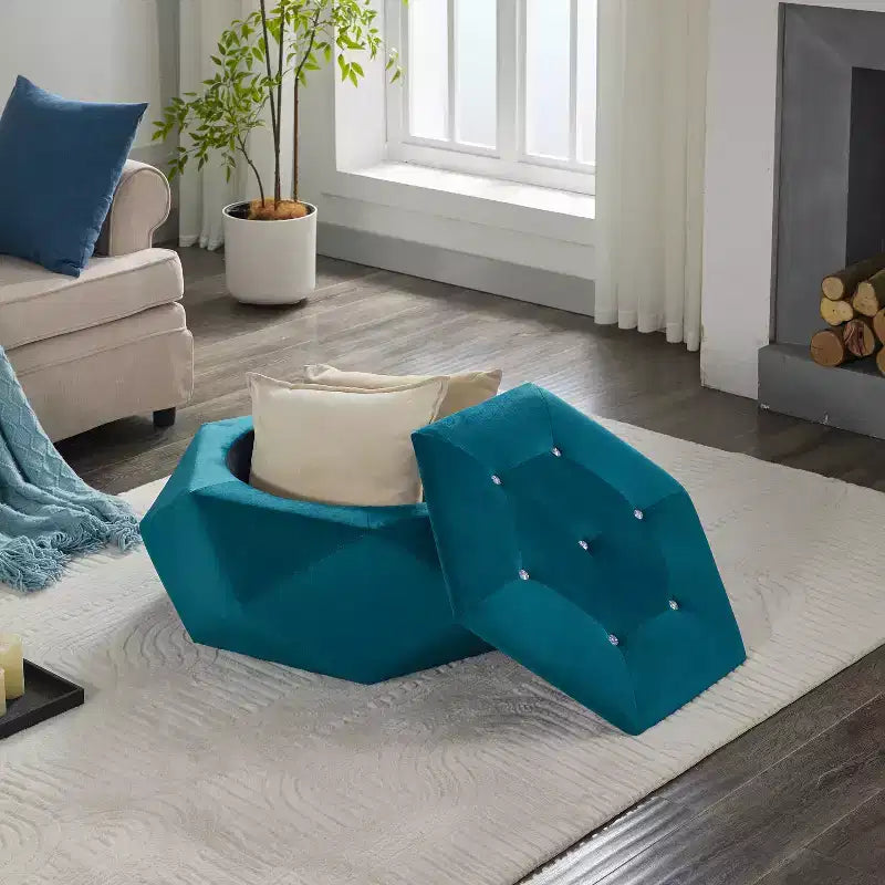Pouf de rangement Florence en velours moderne matelassé à motif losanges