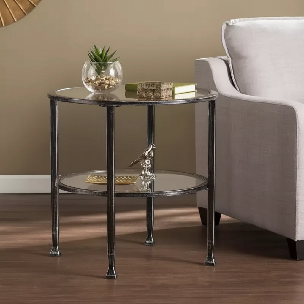 Table d'appoint ronde en métal et verre - Noir - SEI