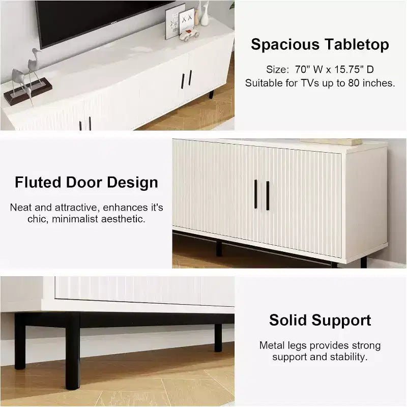Meuble TV de 178 cm avec portes cannelées et rangement