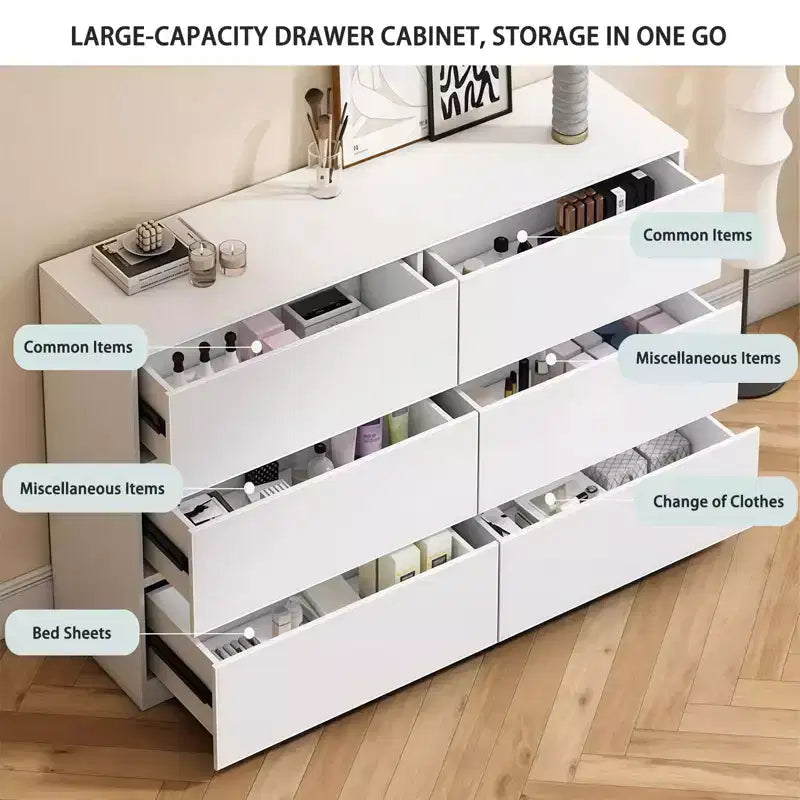 Commode à 6 tiroirs profonds pour chambre à coucher, commode moderne en bois avec grand espace de rangement, grande table de chevet pour salon, entrée