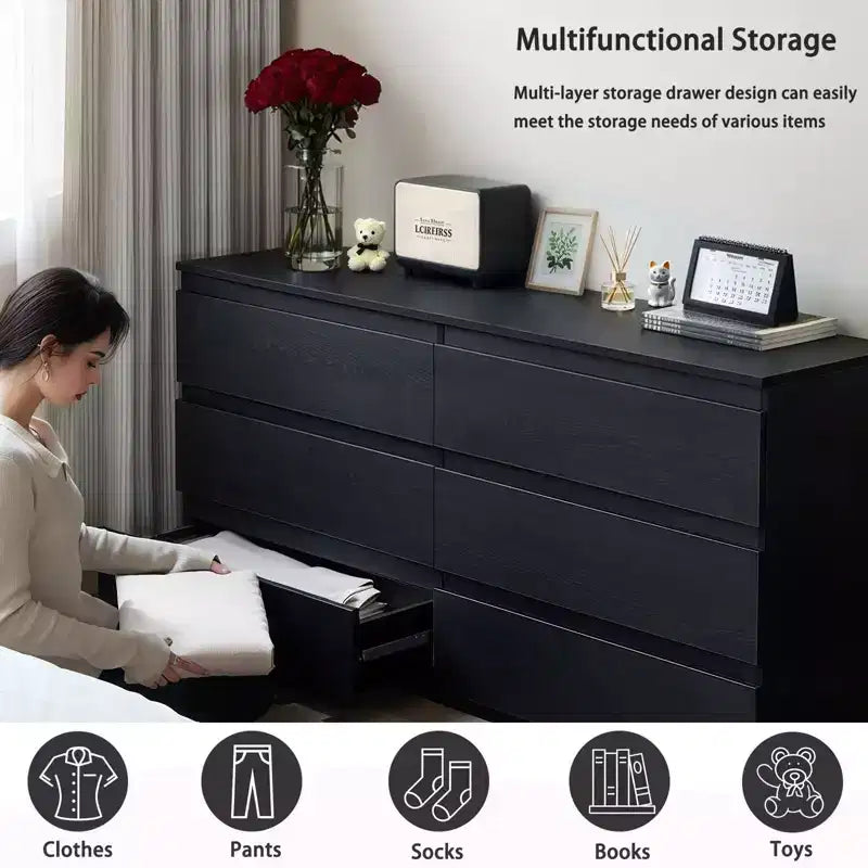 Commode à 6 tiroirs profonds pour chambre à coucher, commode moderne en bois avec grand espace de rangement, grande table de chevet pour salon, entrée