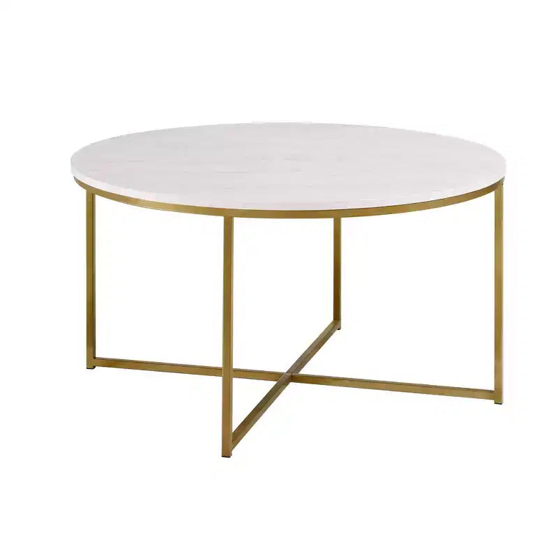 Table basse ronde/rectangulaire avec piètement en métal en forme de X et plateau en faux marbre, style moderne du milieu du siècle pour salon