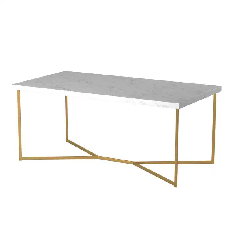 Table basse ronde/rectangulaire avec piètement en métal en forme de X et plateau en faux marbre, style moderne du milieu du siècle pour salon