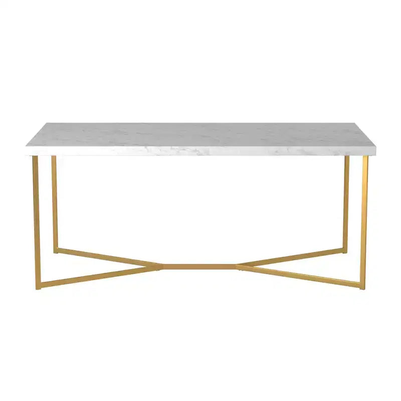 Table basse ronde/rectangulaire avec piètement en métal en forme de X et plateau en faux marbre, style moderne du milieu du siècle pour salon