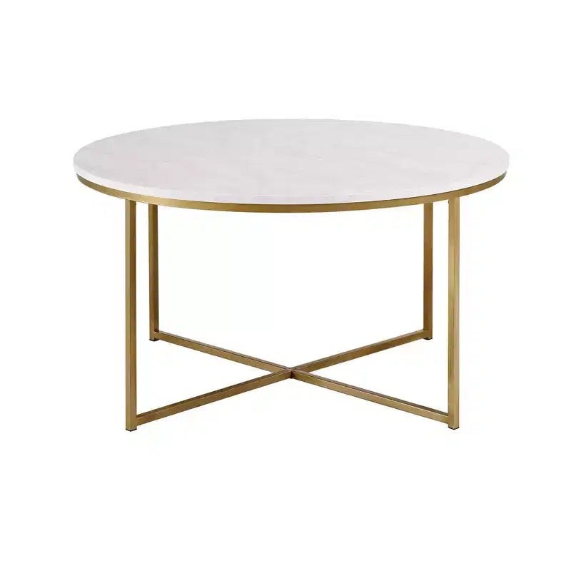 Table basse ronde/rectangulaire avec piètement en métal en forme de X et plateau en faux marbre, style moderne du milieu du siècle pour salon