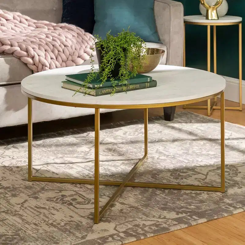 Okak Round/Rectangle Coffee Table with X-shaped Metal Base and Faux Marble Top Mid-Century Modern for Living Room