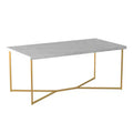 Table basse ronde/rectangulaire avec piètement en métal en forme de X et plateau en faux marbre, style moderne du milieu du siècle pour salon