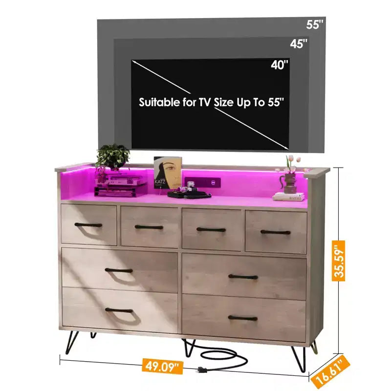 Commode 8 tiroirs avec station de charge et lumières RVB | Commode de chambre large avec 3 prises + 2 ports USB, éclairage LED contrôlé par application pour le jeu