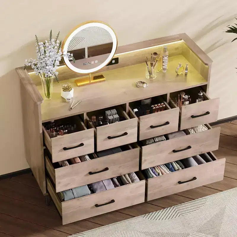 Commode 8 tiroirs avec station de charge et lumières RVB | Commode de chambre large avec 3 prises + 2 ports USB, éclairage LED contrôlé par application pour le jeu