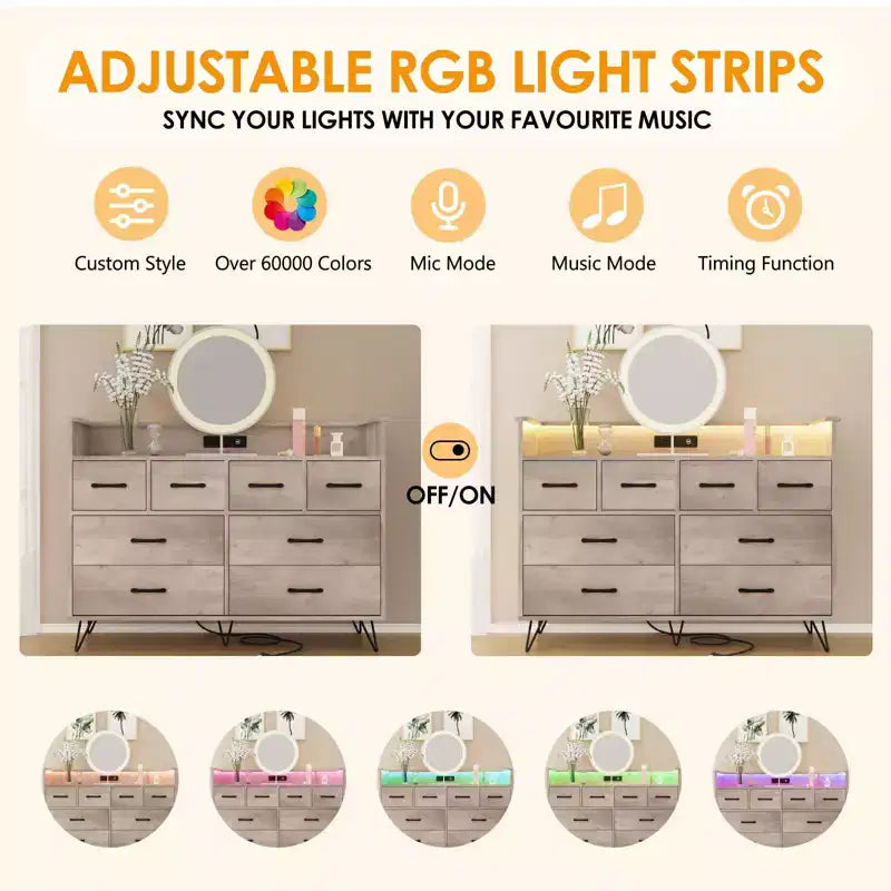 Commode 8 tiroirs avec station de charge et lumières RVB | Commode de chambre large avec 3 prises + 2 ports USB, éclairage LED contrôlé par application pour le jeu