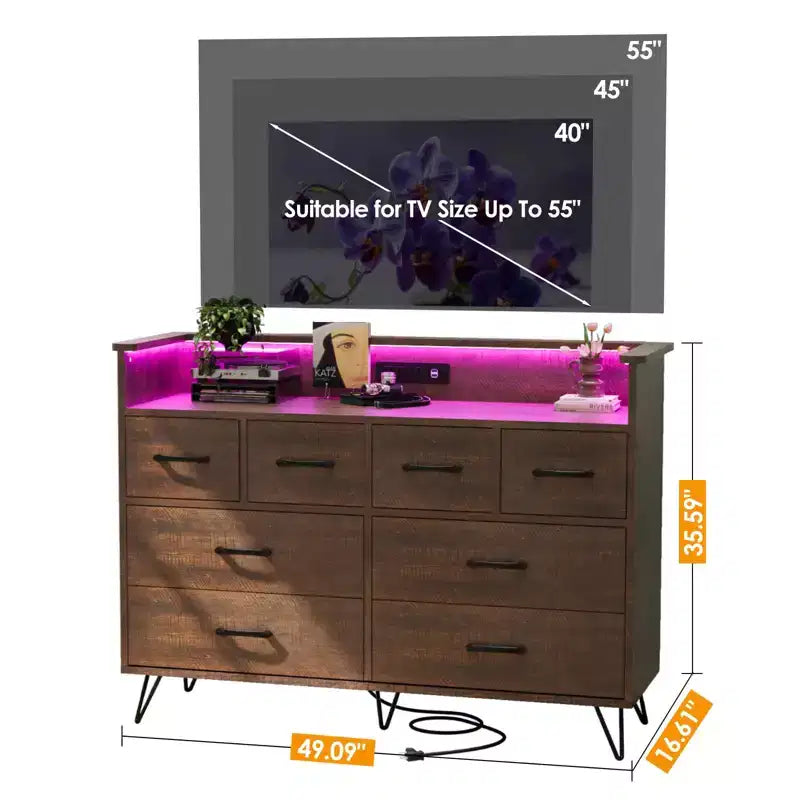 Commode 8 tiroirs avec station de charge et lumières RVB | Commode de chambre large avec 3 prises + 2 ports USB, éclairage LED contrôlé par application pour le jeu