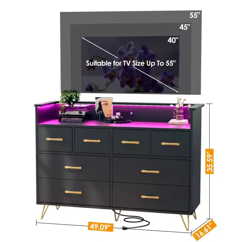 Commode 8 tiroirs avec station de charge et lumières RVB | Commode de chambre large avec 3 prises + 2 ports USB, éclairage LED contrôlé par application pour le jeu