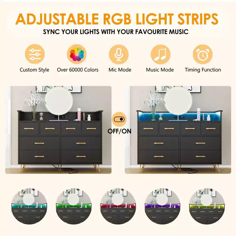 Commode 8 tiroirs avec station de charge et lumières RVB | Commode de chambre large avec 3 prises + 2 ports USB, éclairage LED contrôlé par application pour le jeu