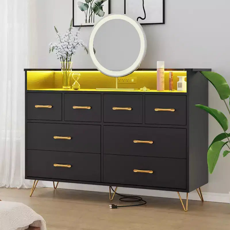 Commode 8 tiroirs avec station de charge et lumières RVB | Commode de chambre large avec 3 prises + 2 ports USB, éclairage LED contrôlé par application pour le jeu