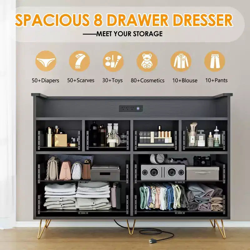 Commode 8 tiroirs avec station de charge et lumières RVB | Commode de chambre large avec 3 prises + 2 ports USB, éclairage LED contrôlé par application pour le jeu