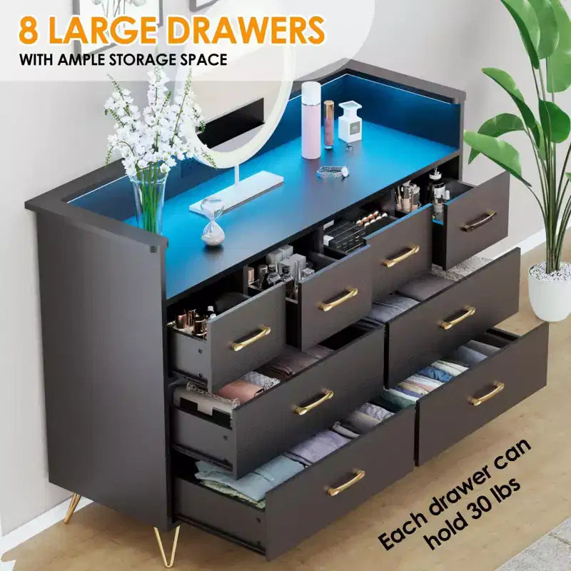 Commode 8 tiroirs avec station de charge et lumières RVB | Commode de chambre large avec 3 prises + 2 ports USB, éclairage LED contrôlé par application pour le jeu