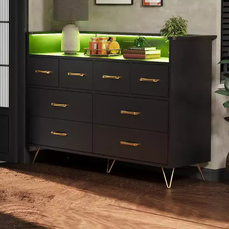 Commode 8 tiroirs avec station de charge et lumières RVB | Commode de chambre large avec 3 prises + 2 ports USB, éclairage LED contrôlé par application pour le jeu
