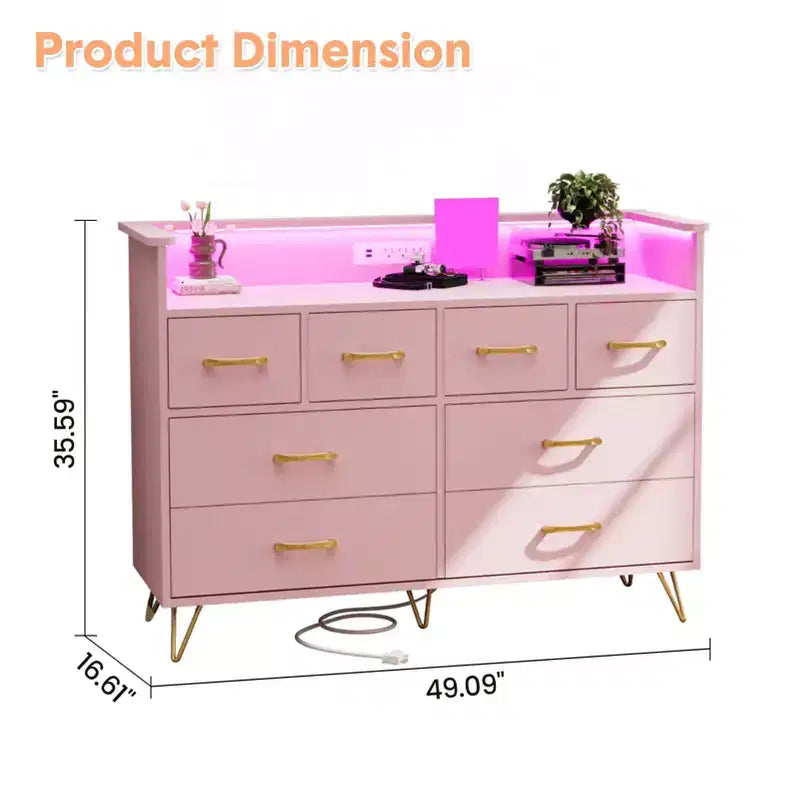 Commode 8 tiroirs avec station de charge et lumières RVB | Commode de chambre large avec 3 prises + 2 ports USB, éclairage LED contrôlé par application pour le jeu