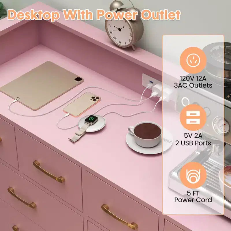 Commode 8 tiroirs avec station de charge et lumières RVB | Commode de chambre large avec 3 prises + 2 ports USB, éclairage LED contrôlé par application pour le jeu