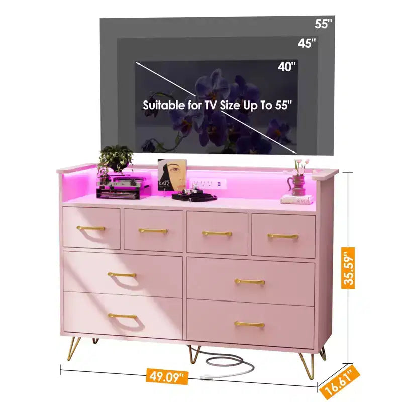 Commode 8 tiroirs avec station de charge et lumières RVB | Commode de chambre large avec 3 prises + 2 ports USB, éclairage LED contrôlé par application pour le jeu