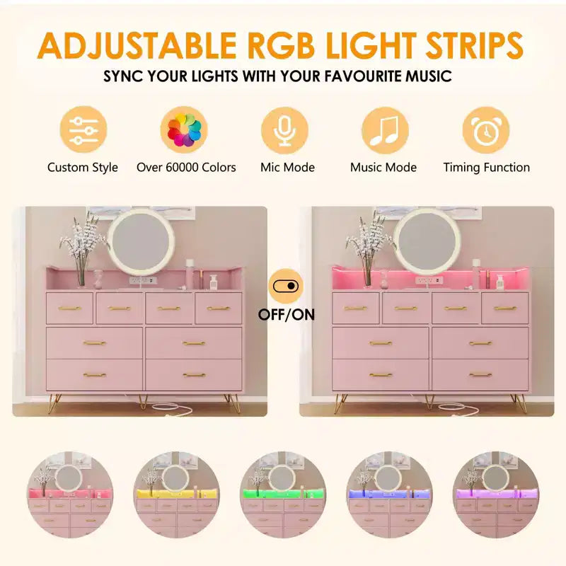 Commode 8 tiroirs avec station de charge et lumières RVB | Commode de chambre large avec 3 prises + 2 ports USB, éclairage LED contrôlé par application pour le jeu