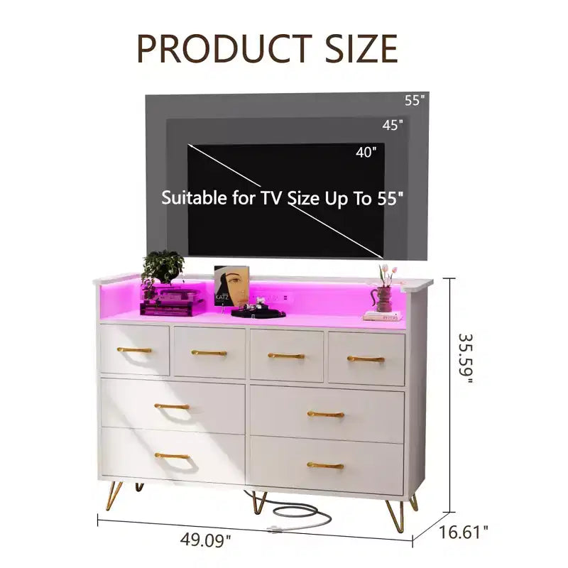 Commode 8 tiroirs avec station de charge et lumières RVB | Commode de chambre large avec 3 prises + 2 ports USB, éclairage LED contrôlé par application pour le jeu