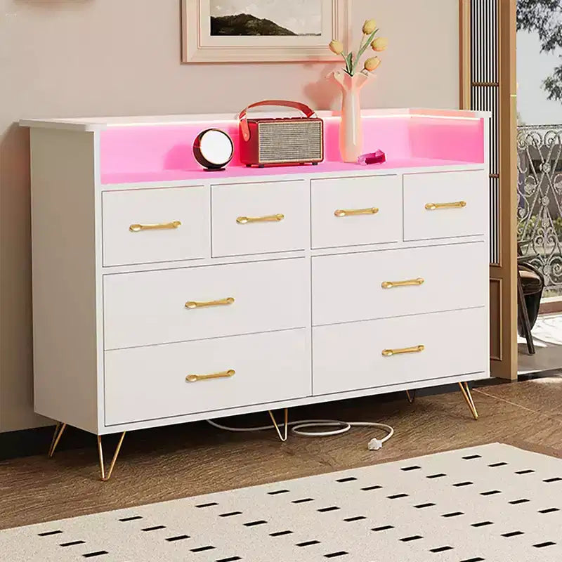 Commode 8 tiroirs avec station de charge et lumières RVB | Commode de chambre large avec 3 prises + 2 ports USB, éclairage LED contrôlé par application pour le jeu
