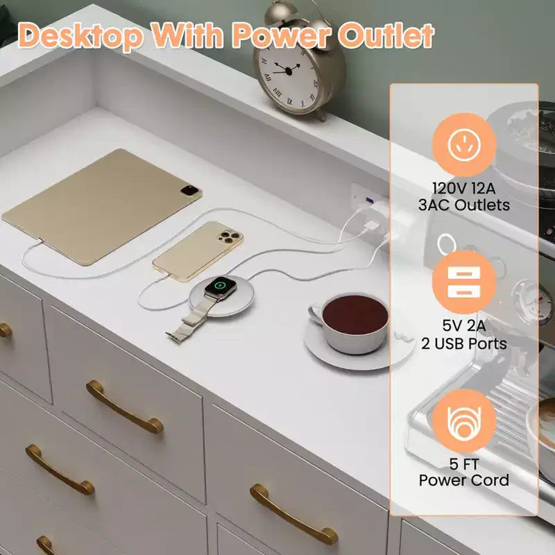 Commode 8 tiroirs avec station de charge et lumières RVB | Commode de chambre large avec 3 prises + 2 ports USB, éclairage LED contrôlé par application pour le jeu
