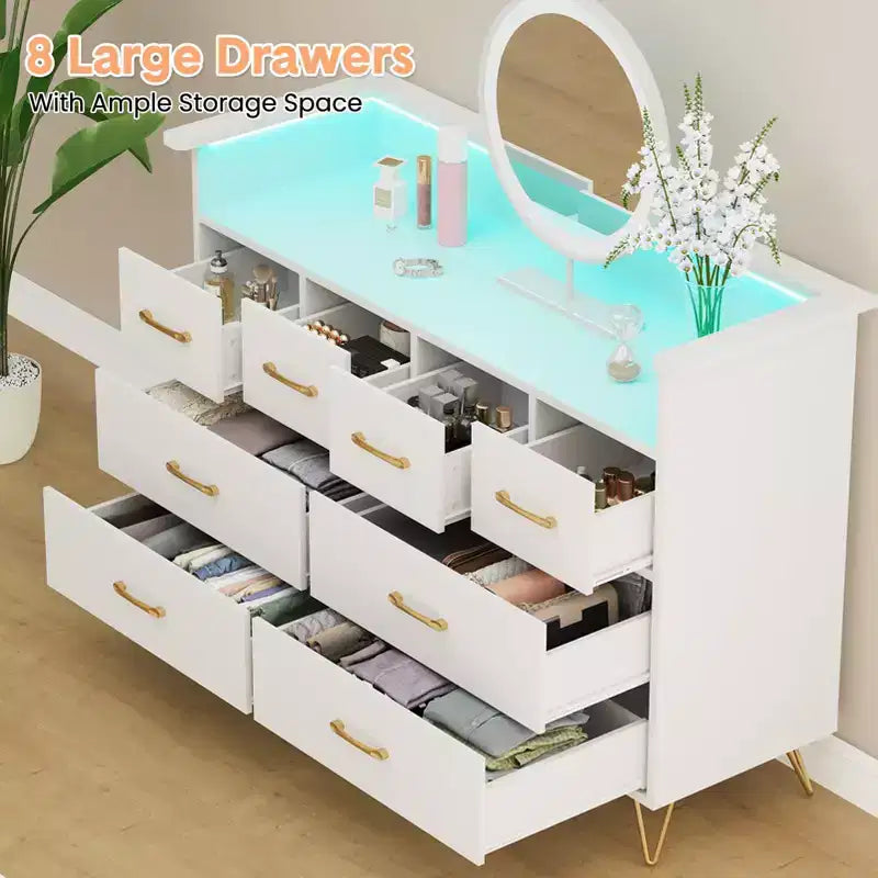 Commode 8 tiroirs avec station de charge et lumières RVB | Commode de chambre large avec 3 prises + 2 ports USB, éclairage LED contrôlé par application pour le jeu