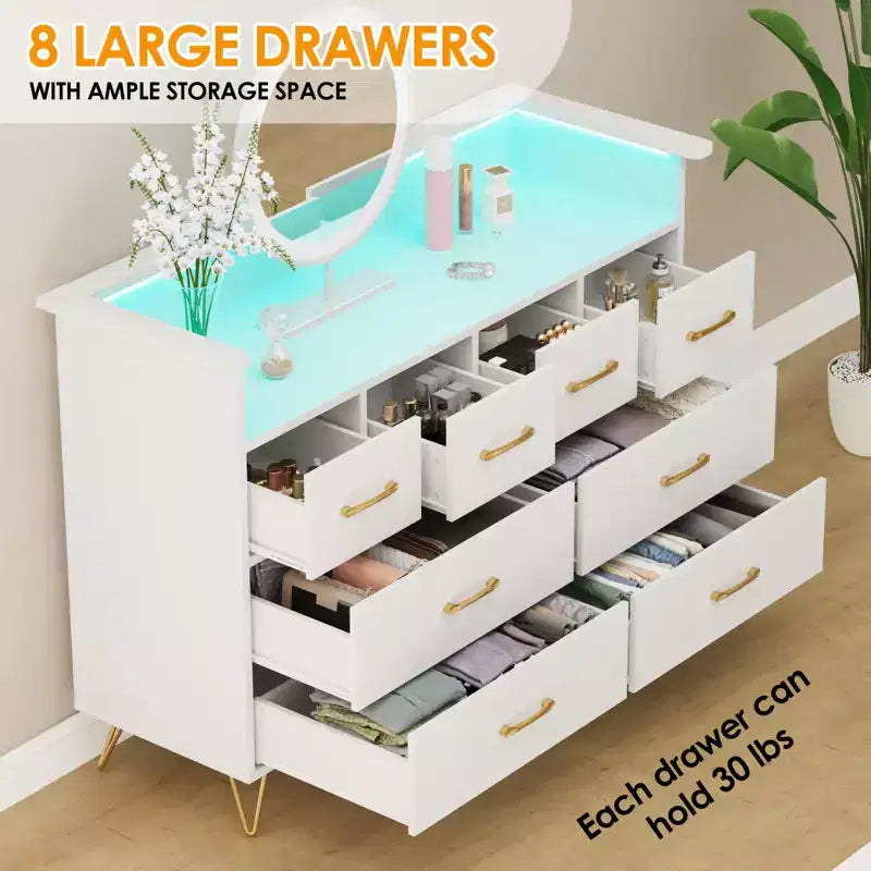 Commode 8 tiroirs avec station de charge et lumières RVB | Commode de chambre large avec 3 prises + 2 ports USB, éclairage LED contrôlé par application pour le jeu