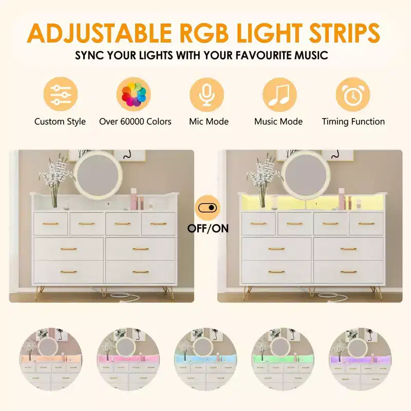 Commode 8 tiroirs avec station de charge et lumières RVB | Commode de chambre large avec 3 prises + 2 ports USB, éclairage LED contrôlé par application pour le jeu